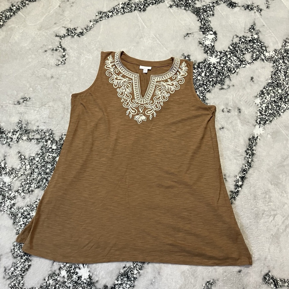 J Jill Tank Top Womens‎ Size Medium Vicuna Embroidered A Line Brown V Neck